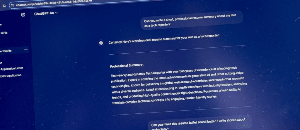 ChatGPT generated resume draft and final formatted resume example